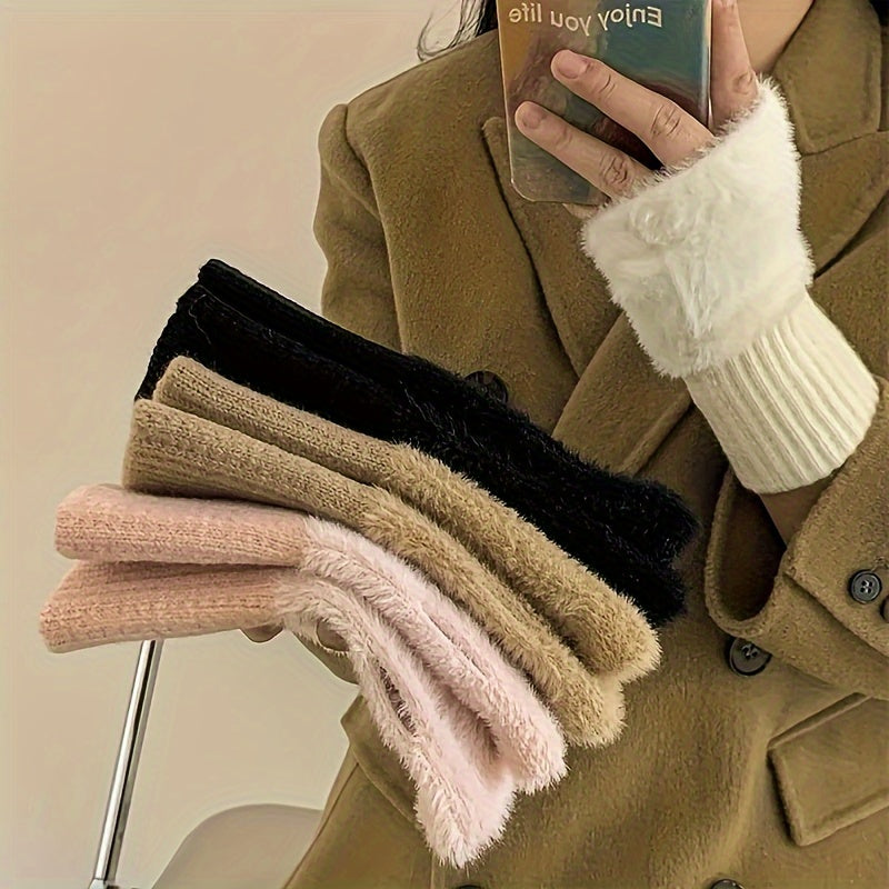 Simple Plush Splicing Knit Gloves Stylish Elegant Soft Warm Fingerless Gloves Autumn Winter Coldproof Elastic Wrist Cover