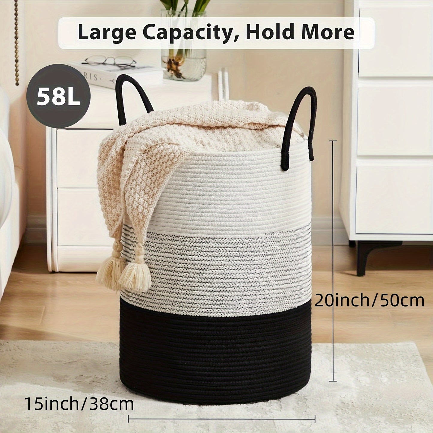 1pc Spacious 58L Woven Rope Laundry Hamper - Tall Boho Storage Basket for Blankets and Clothes, Perfect for Bedroom and Living Room Organization, Stylish and Space-Saving Solution for Laundry Day - Single Piece
