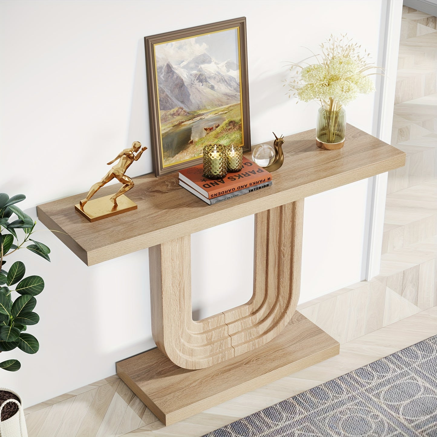 LITTLE TREE Farmhouse Entryway Table, 39" Narrow Console Table with Geometric Base, Wood Skinny Sofa Table Behind Couch with Storage for Living Room, Hallway, Foyer, Entrance