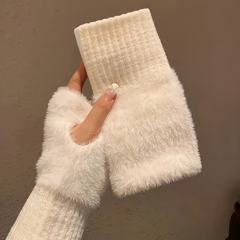 Simple Plush Splicing Knit Gloves Stylish Elegant Soft Warm Fingerless Gloves Autumn Winter Coldproof Elastic Wrist Cover