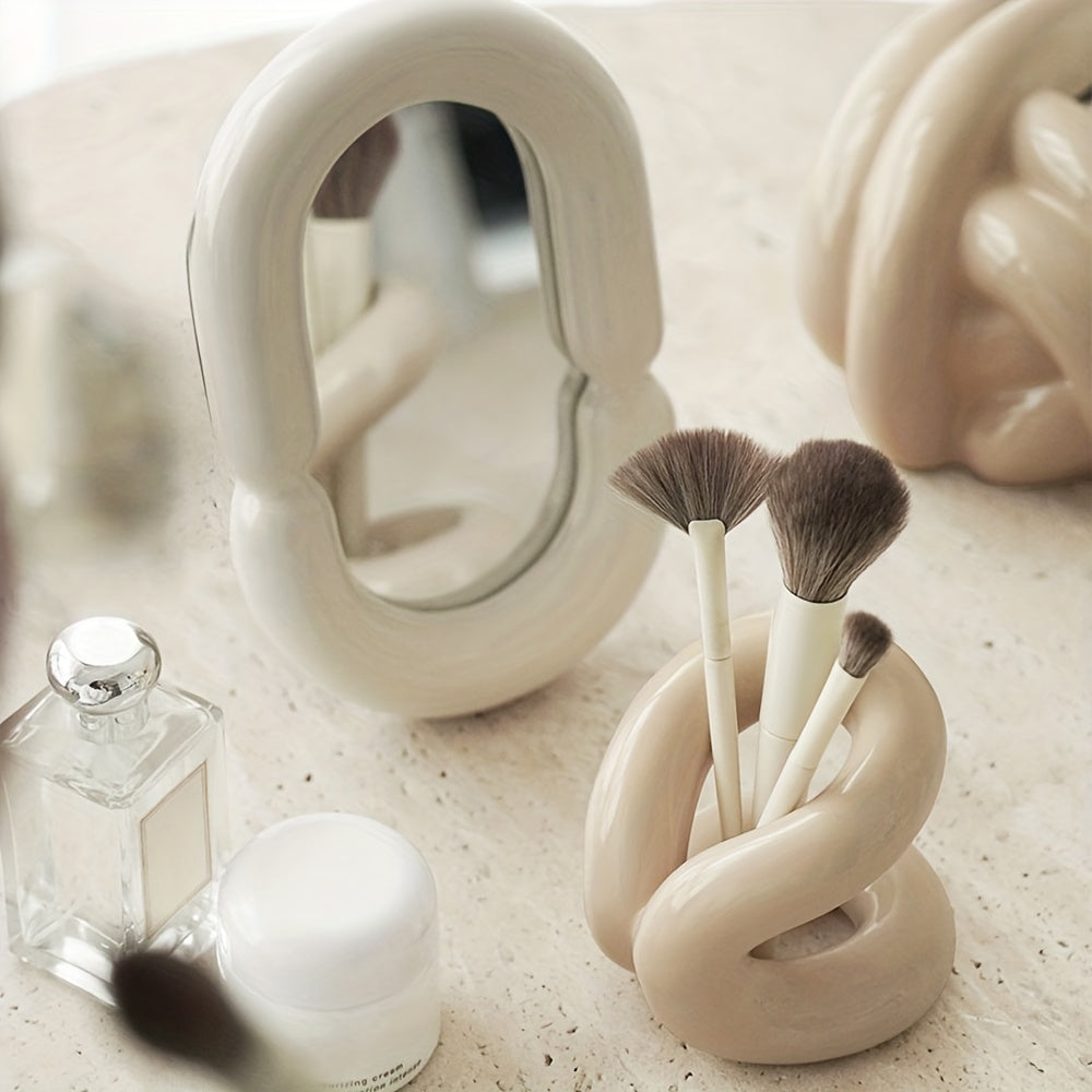 Modern Art Style Ceramic Makeup Brush Holder, Toothbrush And Toothpaste Stand, Minimalist Desktop Storage Rack For Bedroom And Bathroom